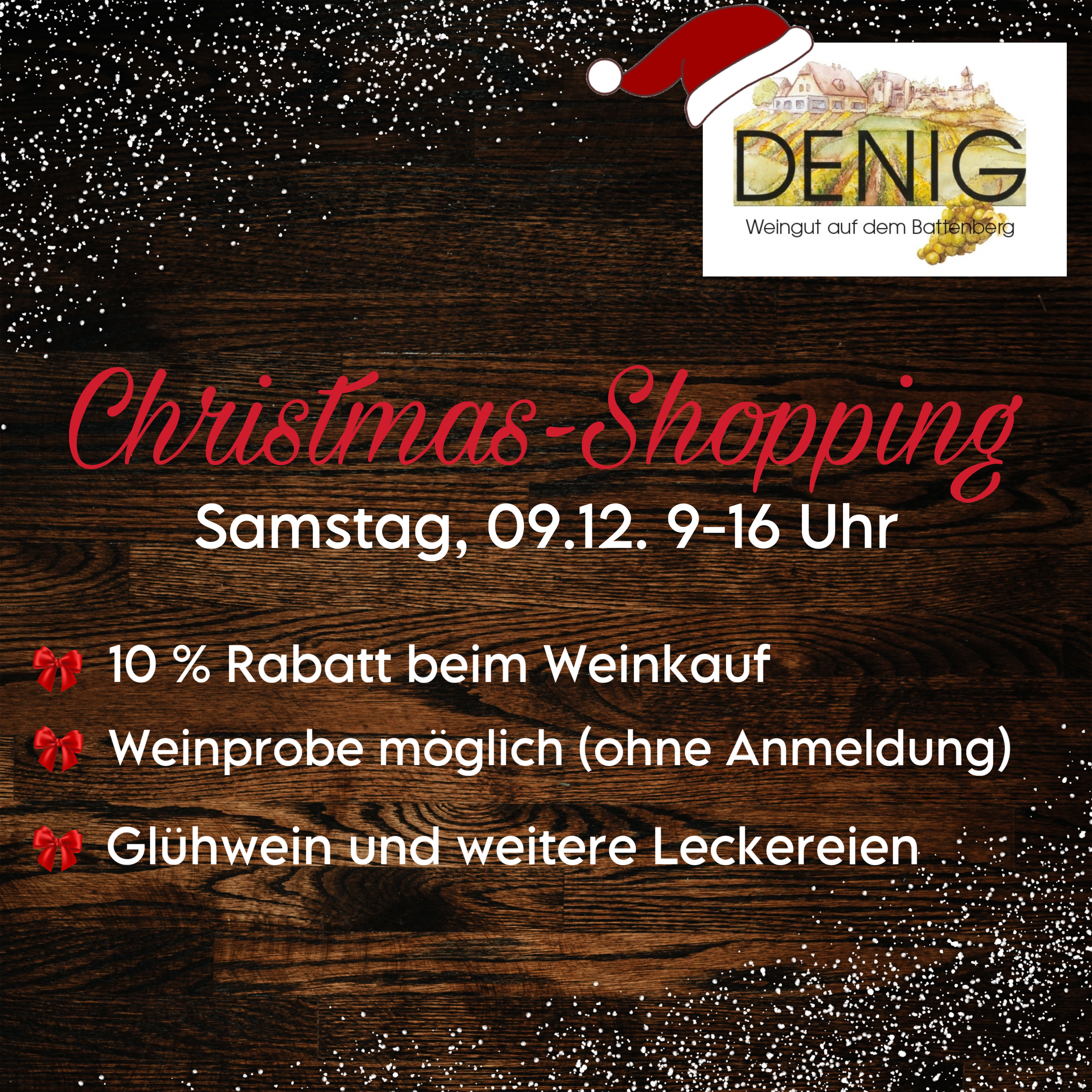 Christmas-Shopping am Samstag, 09.12., von 9 bis 16 Uhr, 10% Rabatt beim Weinkauf, Weinprobe möglich (ohne Anmeldung), Glühwein und weitere Leckereien